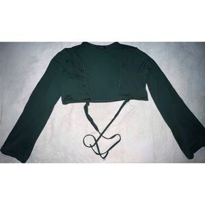 Dark Green Wrap Around Crop Top Flare  Long Sleeve